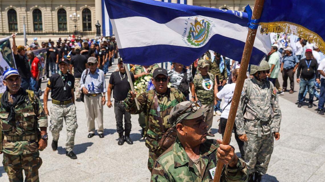 War veterans demonstrate in September 2023 in El Salvador as President Nayib Bukele seeks reelection.