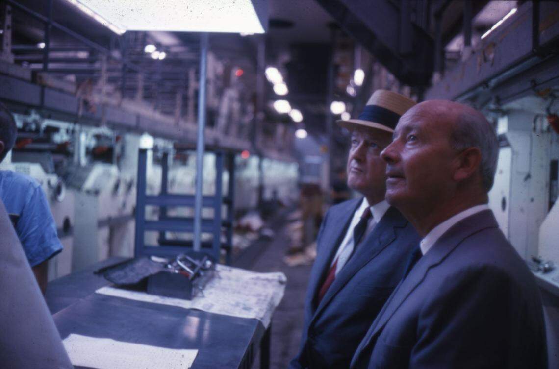Newspaper owners John S. Knight and James L. Knight in the press room at One Herald Plaza in 1963.
