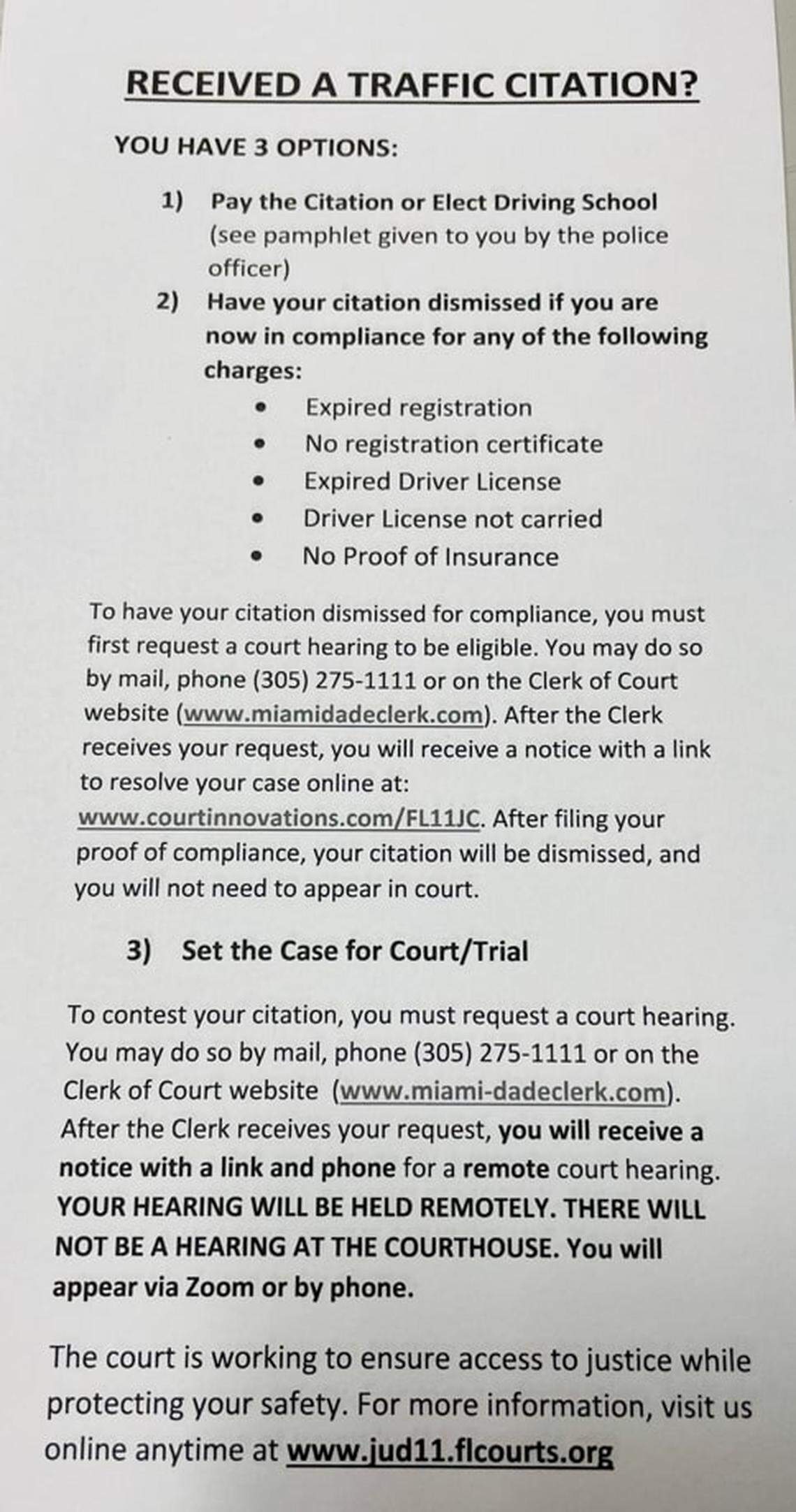 A flier handed out by Miami Beach police officers included a faulty website address for the Miami-Dade courts system, referring drivers to a site selling Trump 2024 merchandise. Miami Beach police instructed officers to stop using the fliers on Feb. 9, after inquiries from the Miami Herald.