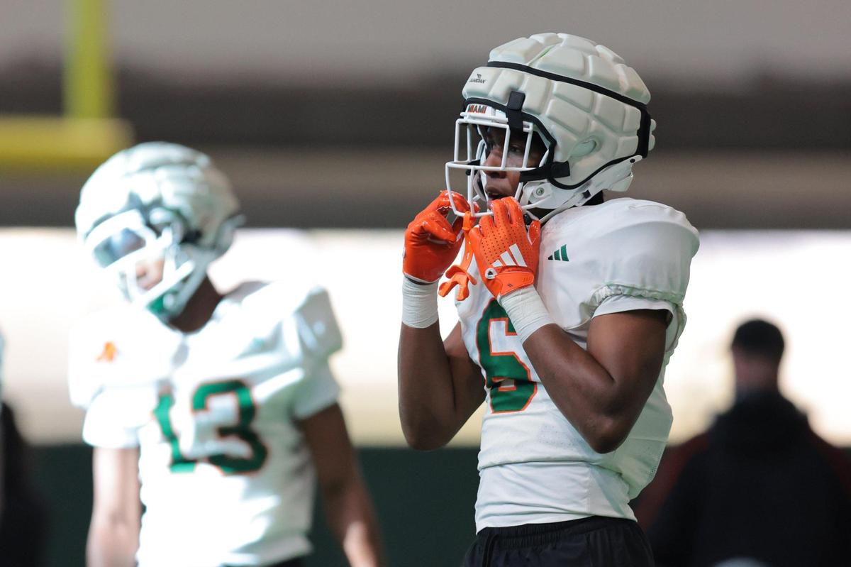 Miami Hurricanes defensive back Xavier Lucas (6) looks on during spring practice at the Carol Soffer Indoor Practice Facility at the University of Miami in Coral Gables, Florida, Tuesday, April 1, 2025.