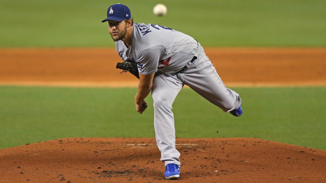 Los Angeles Dodgers pitcher Clayton Kershaw (22) pitches during the first inning of a Major League Baseball game against the Miami Marlins at Marlins Park in Miami on Wednesday, August 14, 2019.