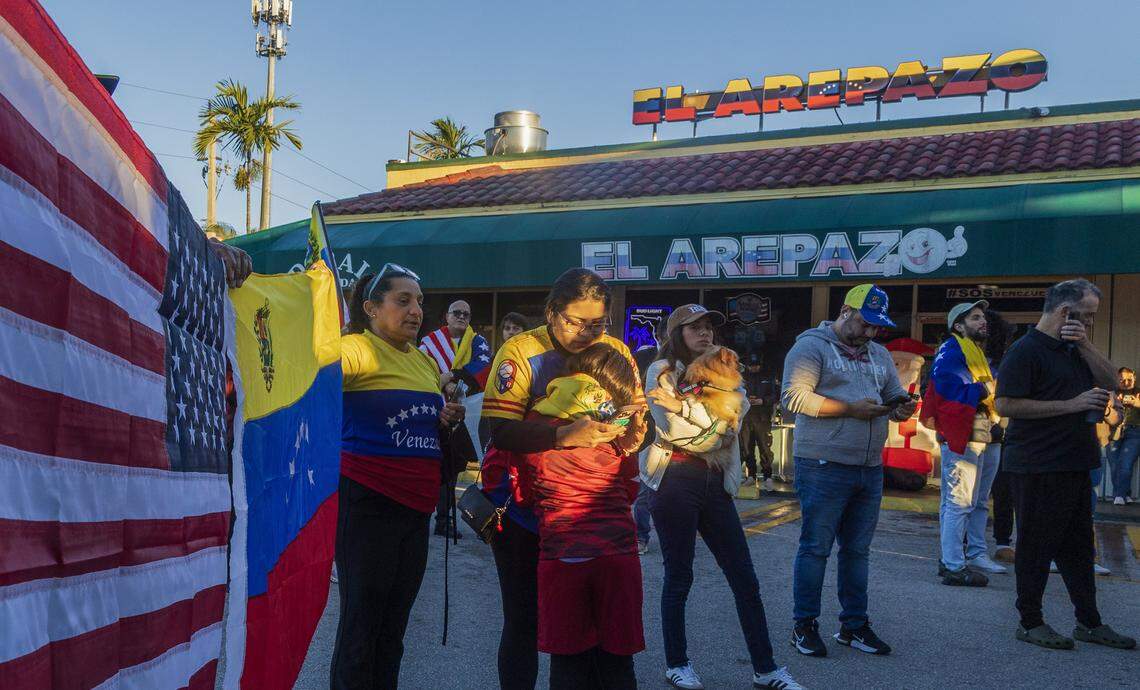 Venezuelan exiles living in South Florida celebrated outside of El Arepazo in Doral, Florida, after the United States attacked Venezuela and captured Venezuelan leader Nicolás Maduro, on Jan. 3, 2026.