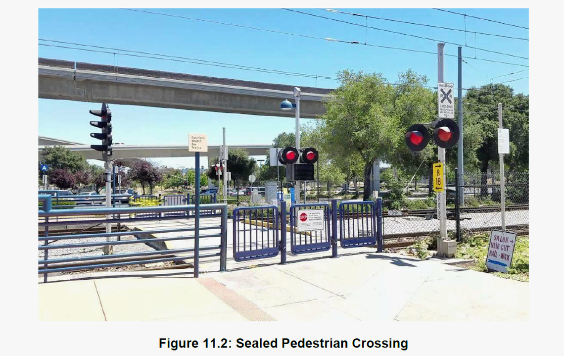 A pedestrian rail crossing is shown in a draft higher-speed rail manual released to reporters in September. The manual discourages pedestrian-only crossings where trains travel at 80 mph to 110 mph and requires any such crossings to be fortified with safety gates.