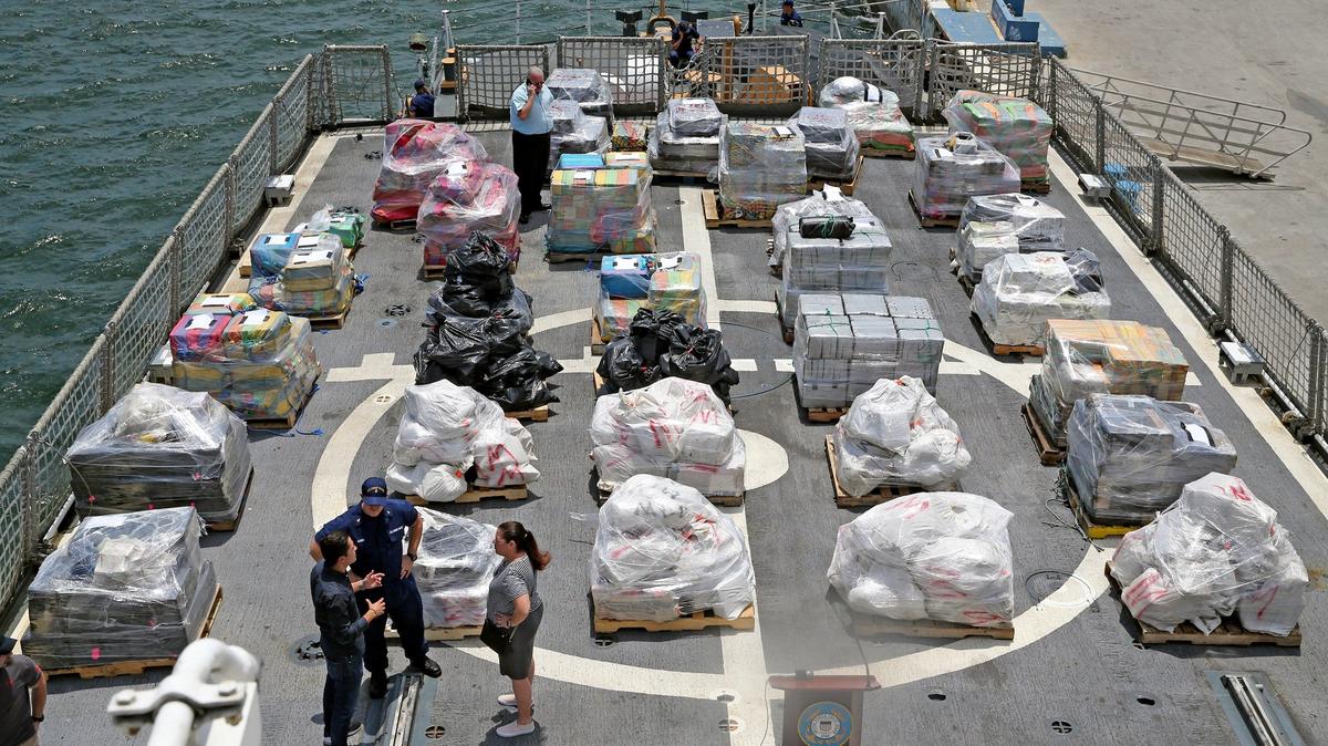 Twelve tons of cocaine and one ton of marijuana on the stern of the USCG Cutter Legare at Port Everglades in Fort Lauderdale, April 24, 2018. The drugs are worth an estimated $390 million total wholesale —  nearly $1 billion street value — and were seized in international waters in the eastern Pacific Ocean.