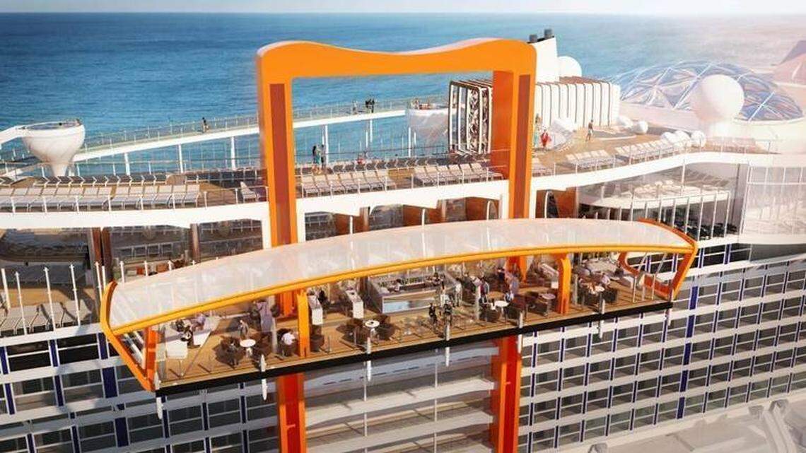 Perched on the starboard side of the ship and the size of a tennis court, the Magic Carpet is the world's first cantilevered venue that travels 13 stories. Magic Carpet features open-air panoramic, outward-facing ocean views, a full bar and space for live music performances.