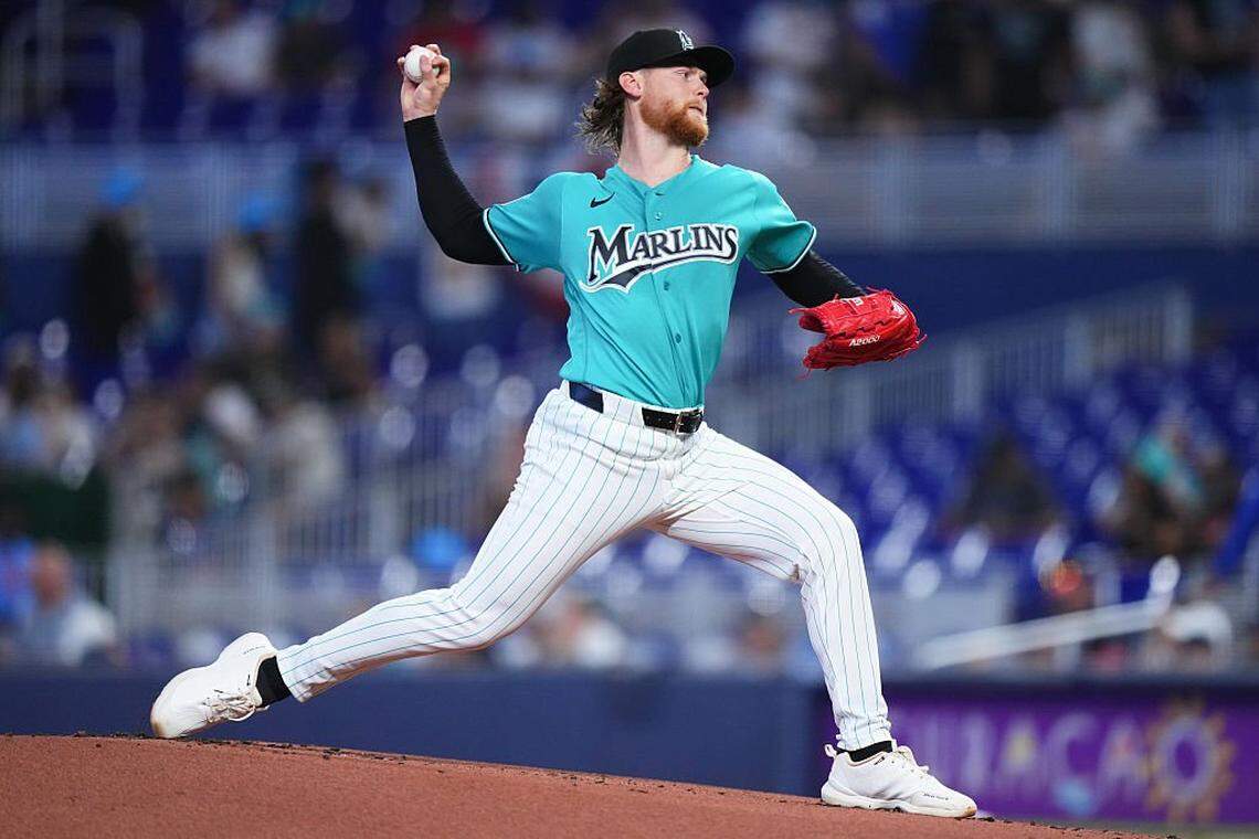MIAMI, FLORIDA - MARCH 29: Max Meyer #23 of the Miami Marlins throws a pitch against the Colorado Rockies /d1i at loanDepot park on March 29, 2026 in Miami, Florida. (Photo by Rich Storry/Getty Images)