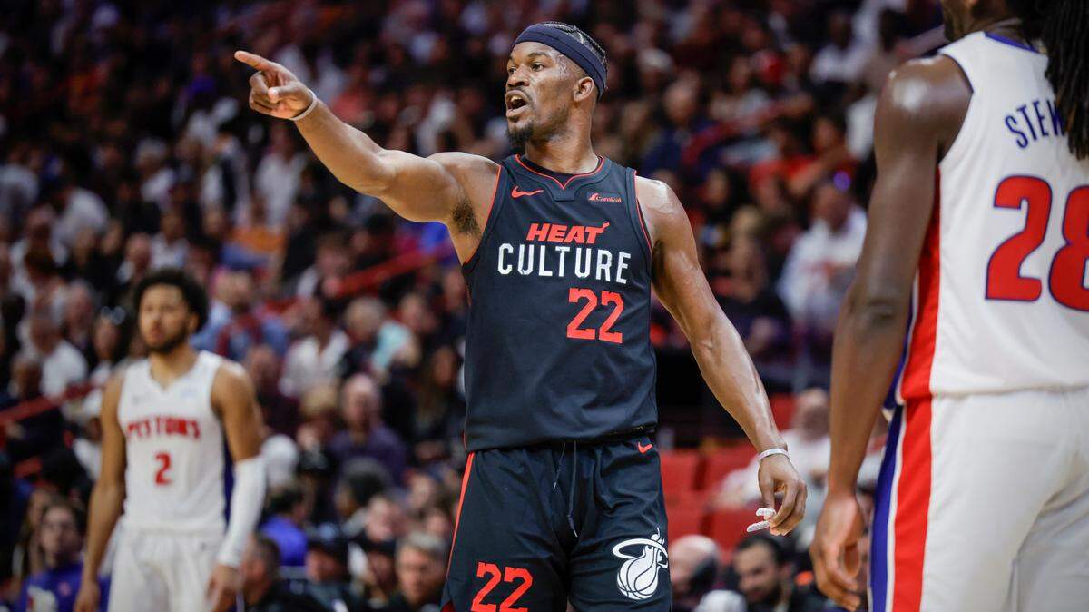 Miami Heat forward Jimmy Butler (22) gestures on the court during the game against the Detroit Pistons in the second half at the Kaseya Center in Miami, Florida on Tuesday, March 5, 2024.