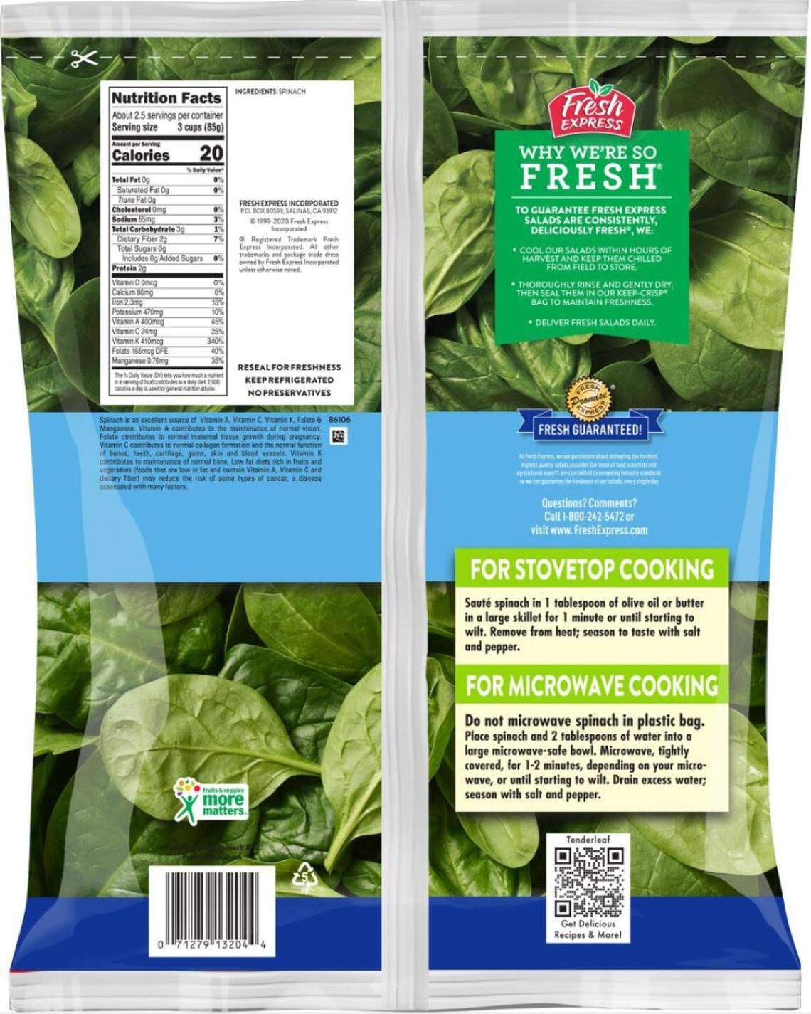 Back of the Fresh Express Spinach bag recalled on Dec. 15, 2023.