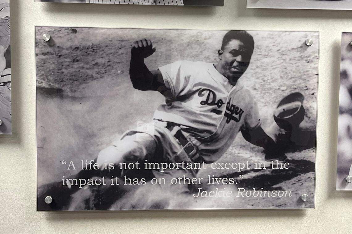 A photo of Jackie Robinson with a quote from the Hall of Famer hangs in the office of Milwaukee Brewers manager Pat Murphy. The photo was seen during Major League Baseball’s Jackie Robinson Day on Tuesday, April 15, 2025, at American Family Field in Milwaukee, Wisconsin.