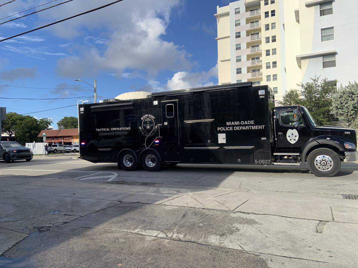 A Miami-Dade Sheriff’s Office SWAT team van is on the scene where two Miami Police officers were shot Thursday morning, Oct. 9, 2025, in Allapattah.