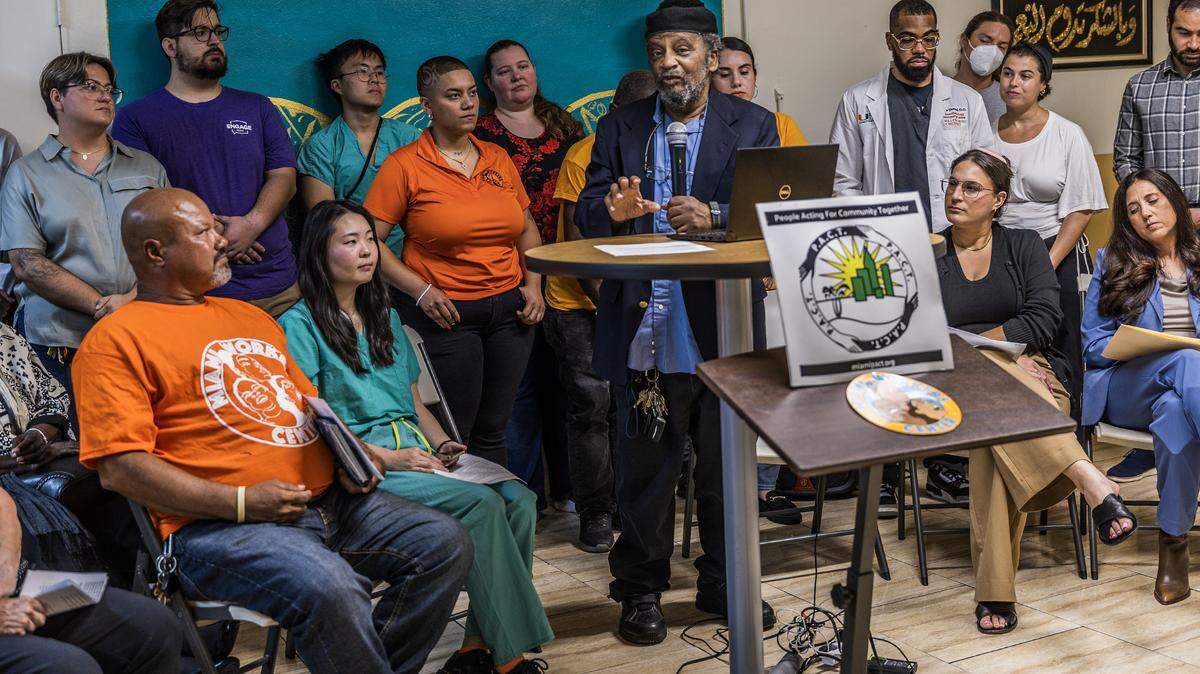 Imam Nasir Ahmad speaks during a prayer vigil for renters & housing justice where community members, faith leaders, and advocates urged Miami-Dade County officials to uphold their commitments and allocate the necessary funding to protect families from eviction and homelessness, celebrated  at Masjid Al-Ansar, in Liberty City, Miami , on Tuesday, August 26, 2025. 