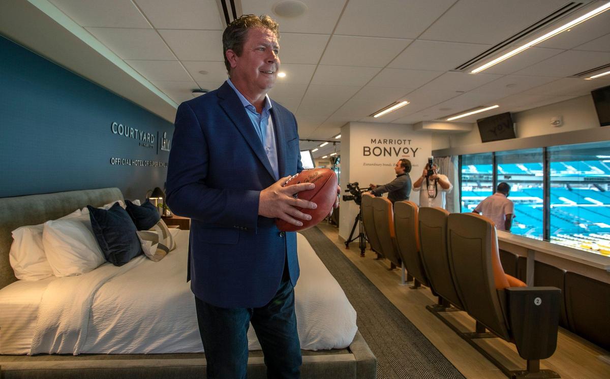 Courtyard by Marriott, the NFL’s official hotel partner, has turned one of the suites at Hard Rock Stadium into a hotel room for the winner of its Super Bowl Sleepover Contest. Here, Miami Dolphins Dan Marino tours the suite at Hard Rock Stadium in Miami Gardens on Wednesday, January 15, 2020.