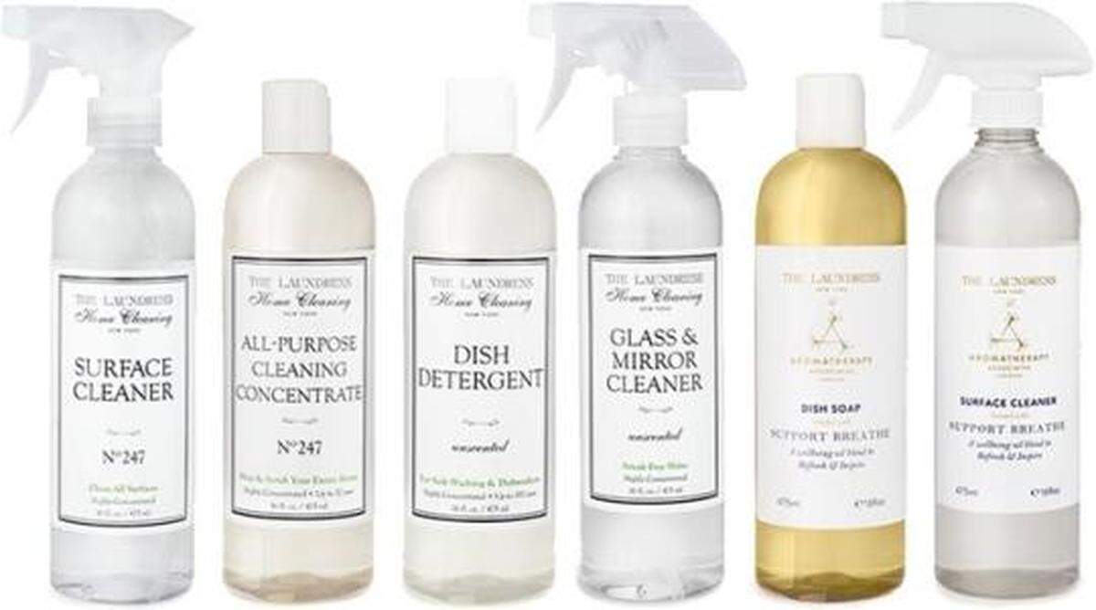 The Laundress Surface Cleaner; All Purpose Cleaning Concentrate Dish Detergent; Glass Mirror Cleaner; Aromatherapy Dish Soap; and Aromatherapy Surface Cleaner