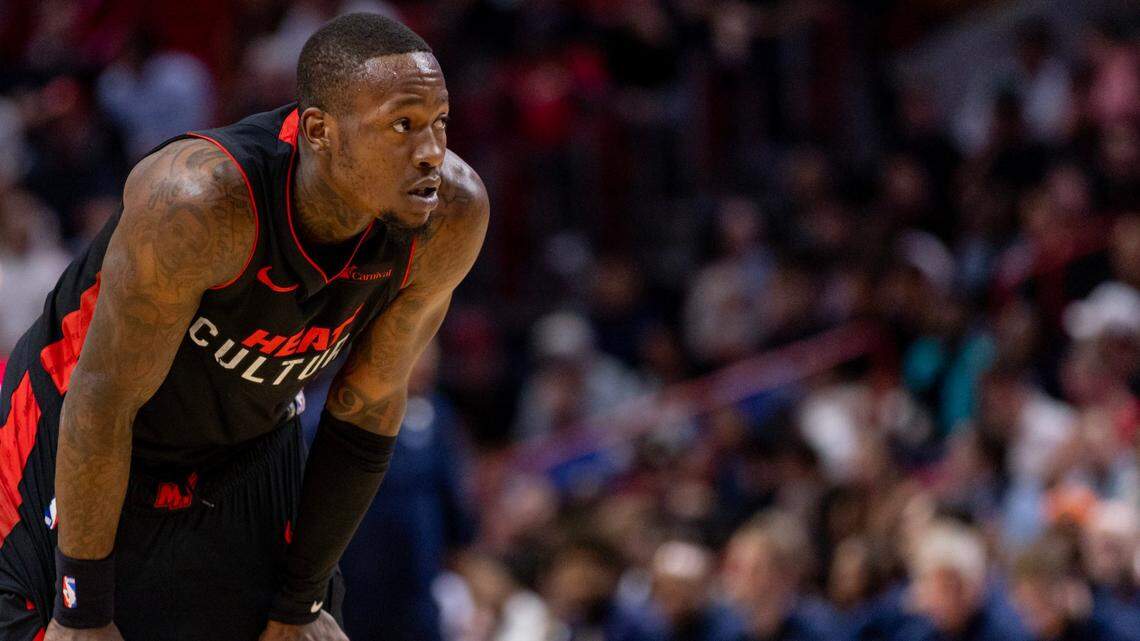 Miami Heat guard Terry Rozier (2) looks on during the first quarter of an NBA game against the Memphis Grizzlies at Kaseya Center in Miamii on January 24, 2024.