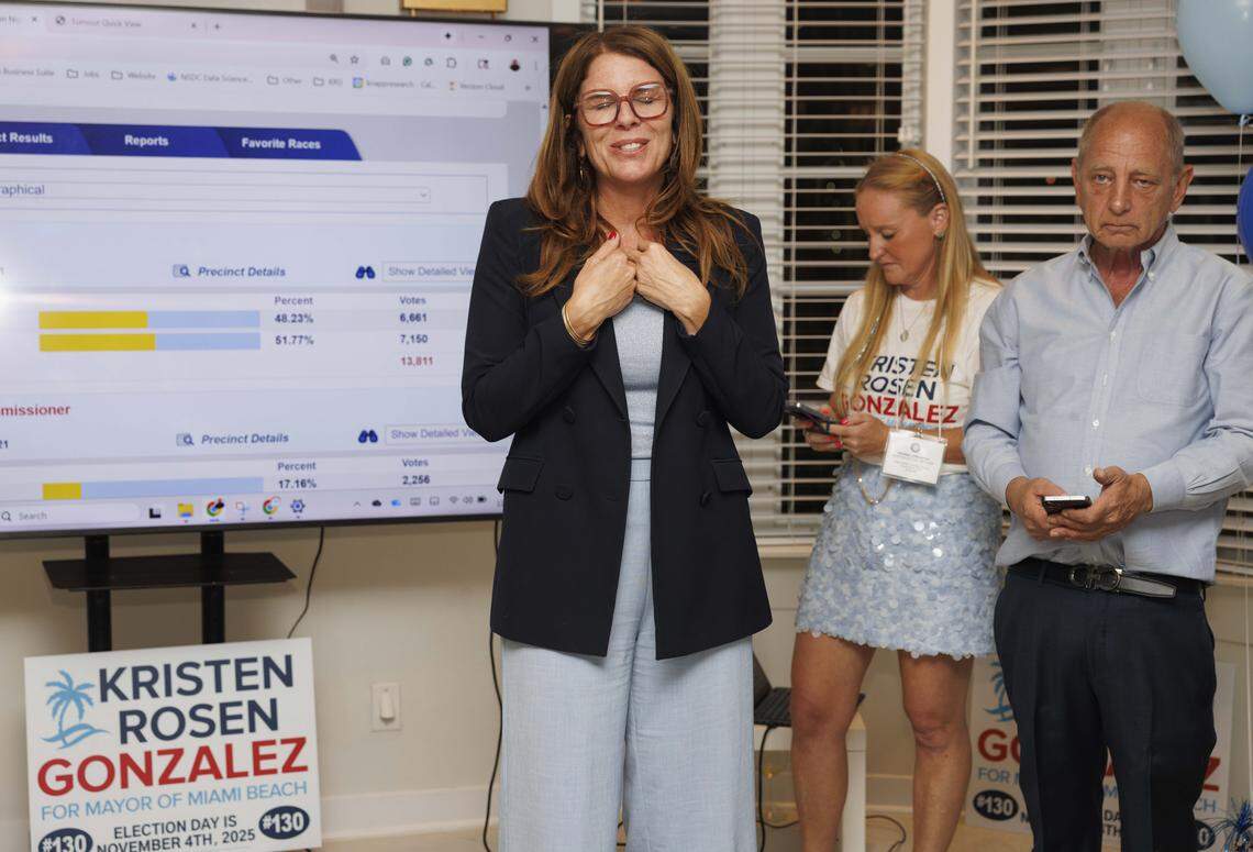 Kristen Rosen Gonzalez, Miami Beach mayoral candidate, talks after it appears she has lost during a watch party on Tuesday, Nov. 4, 2025, at the Cardozo Hotel in South Beach. 