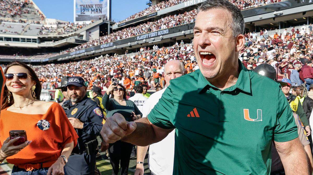 Miami Hurricanes head coach Mario Cristobal celebrates after the Canes defeat the Texas A&M Aggies in the first round of the 2025 College Football Playoff at Kyle Field at College Station, Texas, on Saturday, December 20, 2025. 