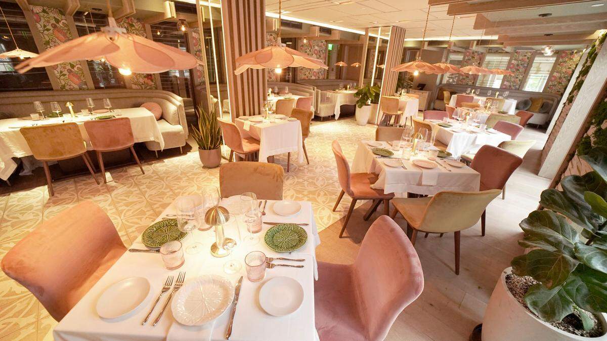 Pastel is the palette for the indoor dining room at Amalia, the new restaurant at The Lennox Hotel.