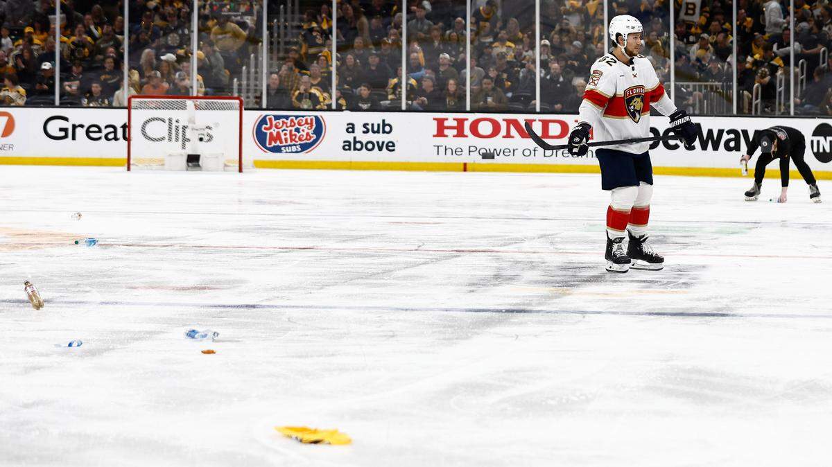 May 10, 2024; Boston, Massachusetts, USA; Florida Panthers defenseman Brandon Montour (62) skates to the bench as the ice is littered with debris during the third period of game three of the second round of the 2024 Stanley Cup Playoffs against the Boston Bruins at TD Garden. Mandatory Credit: Winslow Townson-USA TODAY Sports