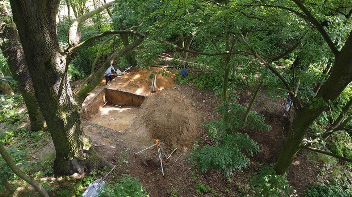 An aerial view of the mansion excavation site.