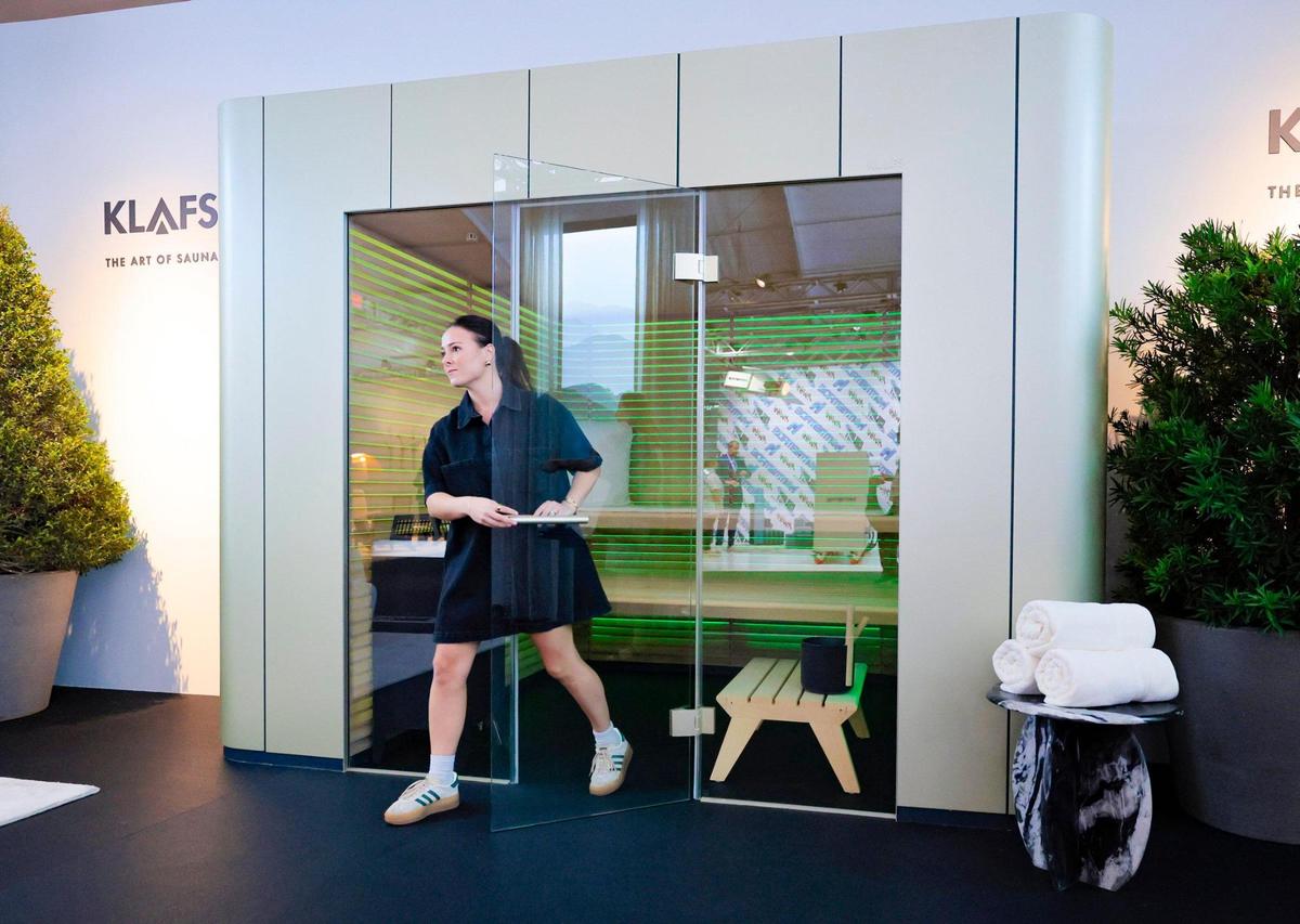 Lilly Schroeder steps out of Klafs “The Art of Sauna” at Design Miami on Miami Beach, Florida on Tuesday, December 3, 2024.
