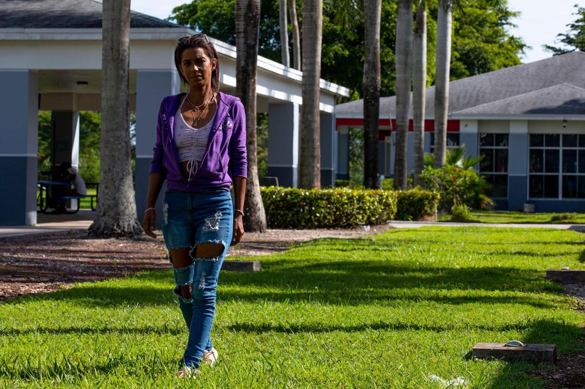 Vanessa Cuni who lost her job during the pandemic and became homeless, poses for a portrait while at Chapman Partnership Homeless Assistance Center in Homestead, Florida, on Sunday, Nov. 14, 2021.