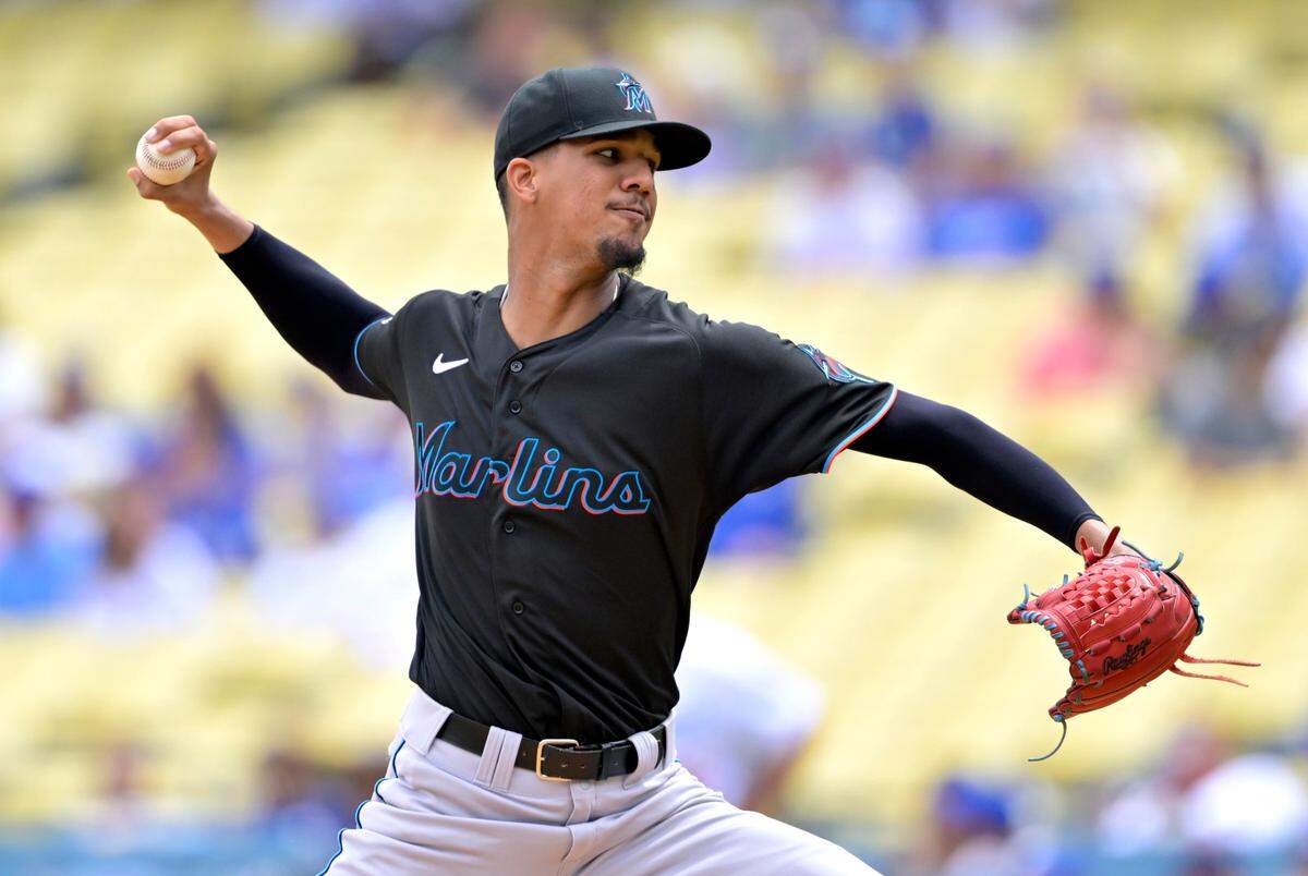Aug 19, 2023; Los Angeles, California, USA; Miami Marlins starting pitcher Eury Perez (39) throws to the plate in the second inning against the Los Angeles Dodgers at Dodger Stadium.
