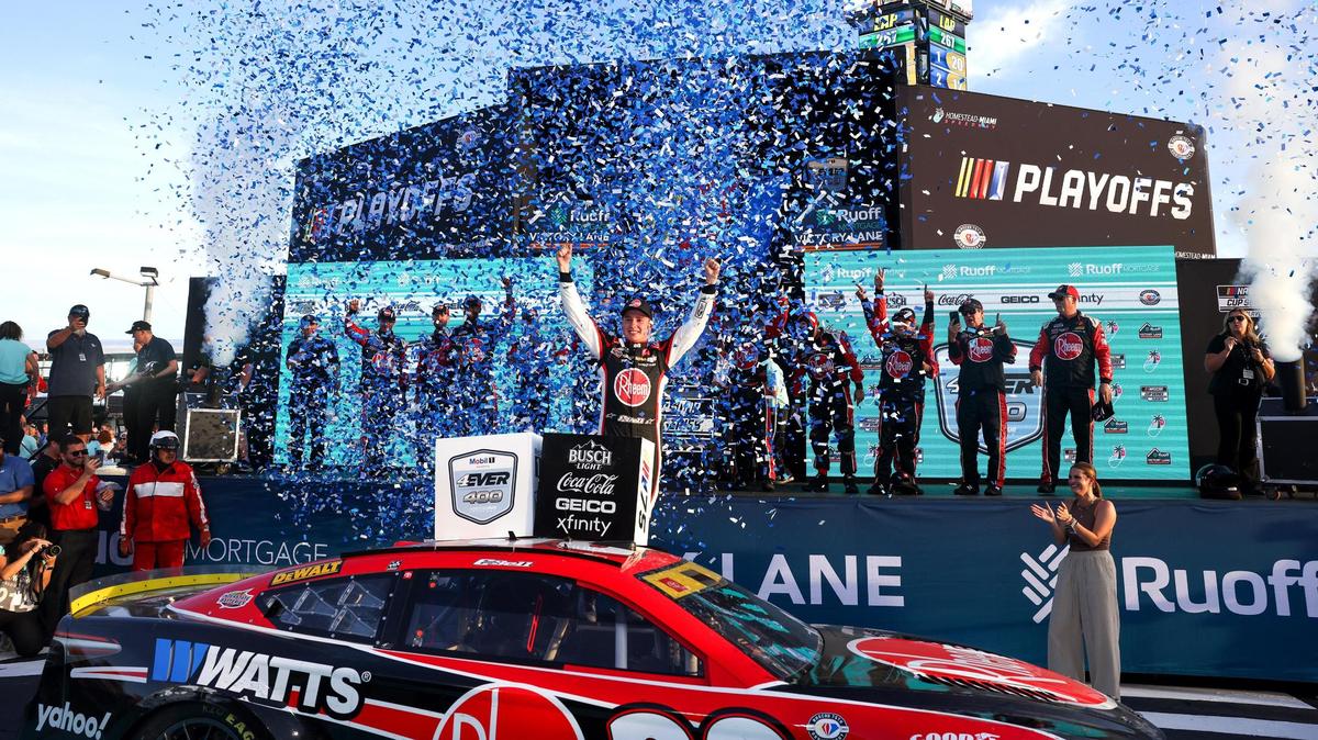 Christopher Bell #20 with Joe Gibbes Racing celebrates with his teammates after winning he NASCAR 4EVER 400 Cup Series on Sunday, Oct. 22, 2023, at Homestead-Miami Speedway in Homestead, Fla.