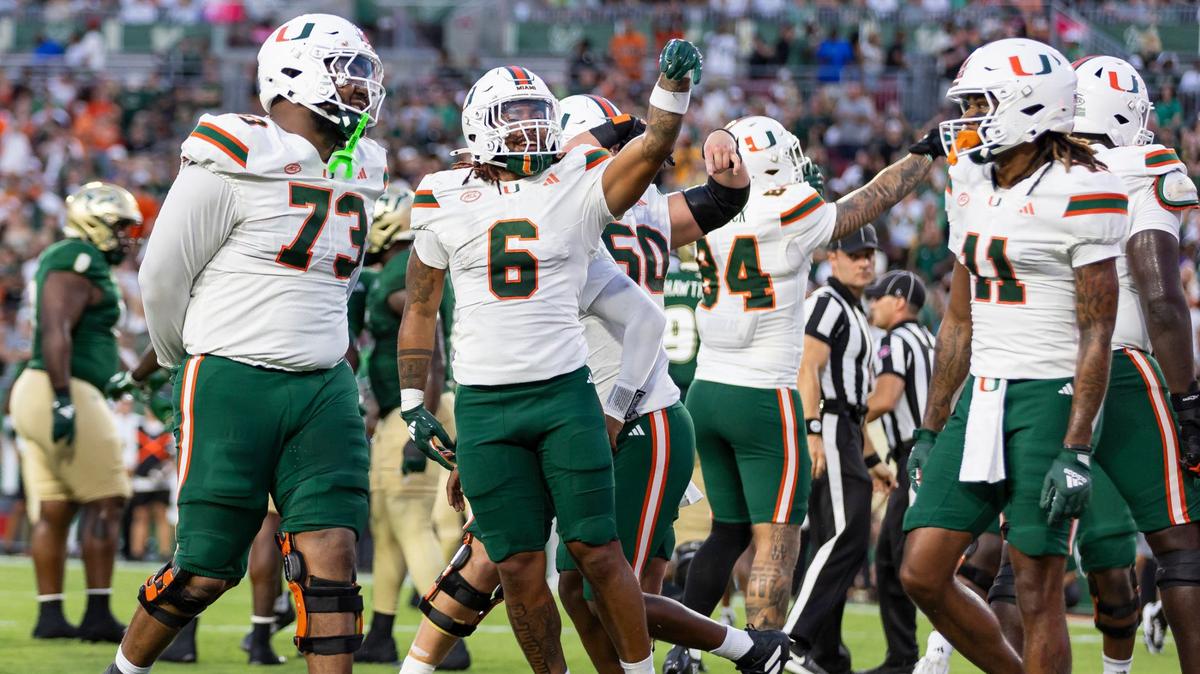 Miami Hurricanes running back Damien Martinez (6) celebrates after scoring a touchdown against the South Florida Bulls in the first half of their NCAA college football game at the Raymond James Stadium on Saturday, Sept. 21, 2024, in Tampa, Fla.