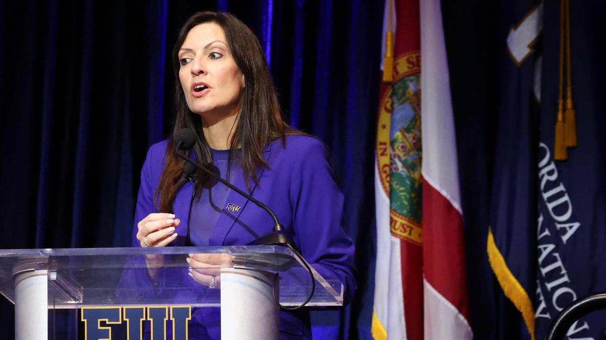 Interim President Jeanette Nuñez, addresses community session attendees as FIU held its Presidential Candidate Community Session inside the Graham Center Ballroom at the Modesto A. Maidique Campus, Miami, Florida on Tuesday, May 21, 2025.