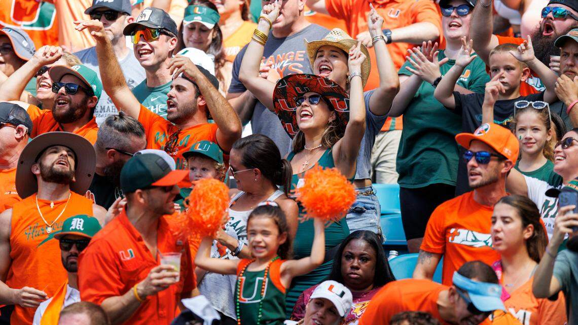 Miami Hurricanes fans showing their support before the start of an ACC football game against Bethune-Cookman Wildcats at Hard Rock Stadium on Saturday, September 3, 2022 in Miami Gardens, Florida.