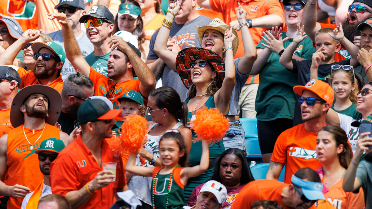 Miami Hurricanes fans showing their support before the start of an ACC football game against Bethune-Cookman Wildcats at Hard Rock Stadium on Saturday, September 3, 2022 in Miami Gardens, Florida.
