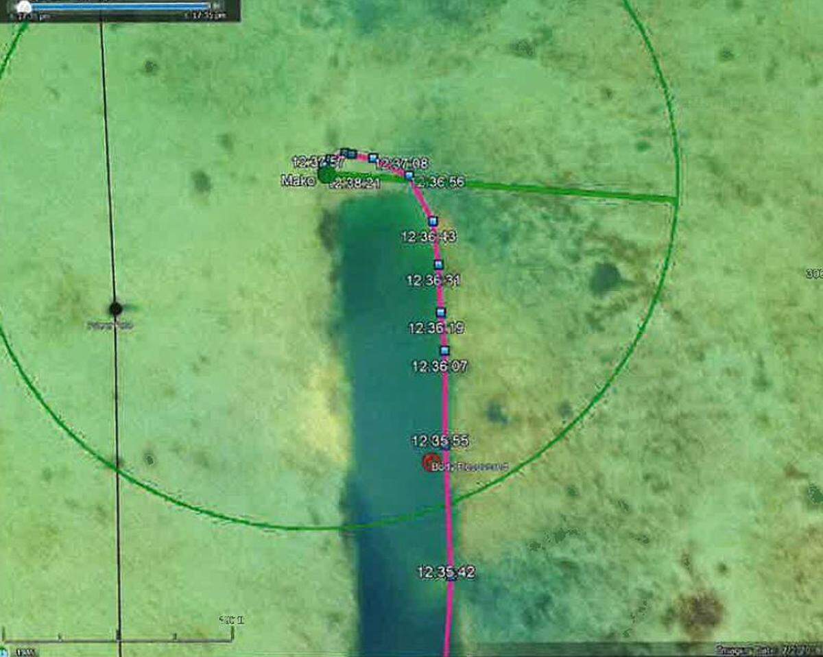 A screenshot from Florida Fish and Wildlife Conservation Commission Officer Alexander Allen’s patrol vessel’s Automatic Vehicle Locator computer system shows the boat going nearly atop the location where a missing snorkeler was last seen on July 25, 2022, according to an investigator’s report.