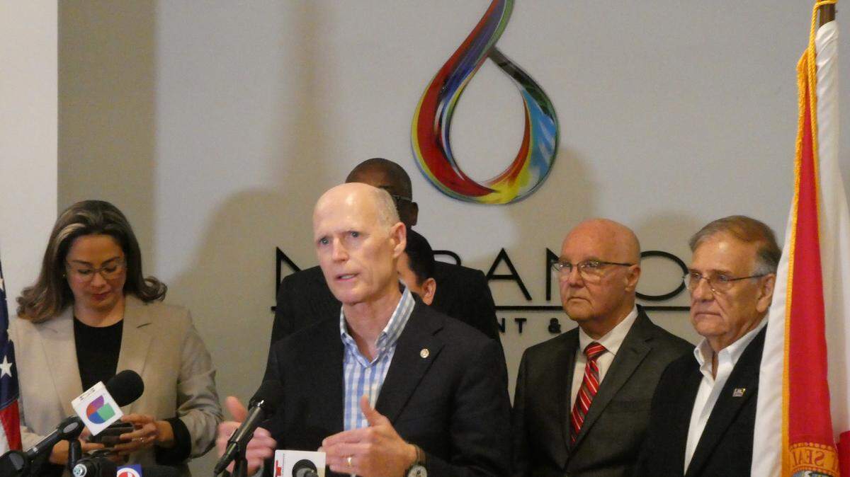 U.S. Sen. Rick Scott hosts a press conference at Murano Doral restaurant on Monday, June 12, 2023, blasting the Biden administration for what he calls politicizing the U.S. Justice Department in the indictment of former President Donald Trump, who will be arraigned in Miami federal court Tuesday. Trump is facing 37 counts related to his keeping classified documents after he left the White House.