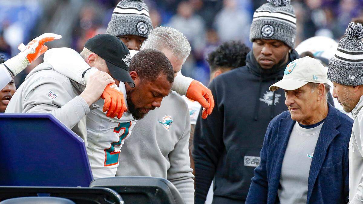 Miami Dolphins linebacker Bradley Chubb (2) is assisted onto a cart after an injury during the game against the Baltimore Ravens in the fourth quarter at M&T Bank Stadium in Baltimore, Maryland on Sunday, December 31, 2023. 
