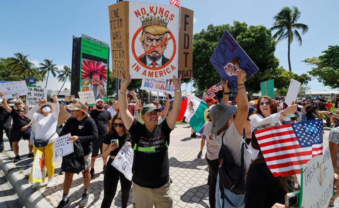 Protesters gather at a ‘No Kings’ anti-Trump protest at the Torch of Friendship monument at Bayfront Park in Miami, Florida on Saturday, June 14, 2025