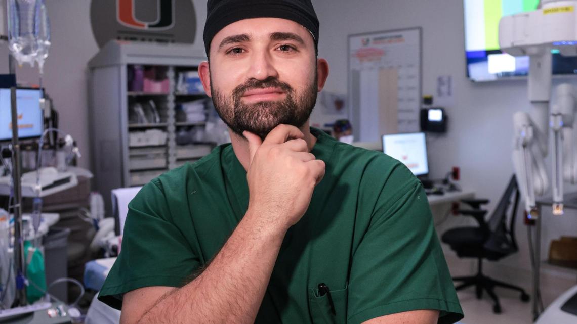 Dr. Miguel Escanelle, who attended the Medical Scholars program at the University of Miami Miller School of Medicine, in an operating room at UHealth System on Sept. 12, 2022. UM and Miami Dade College recently expanded the Medical Scholars program to get more Black and Hispanic students into medical school and mentor them while there.