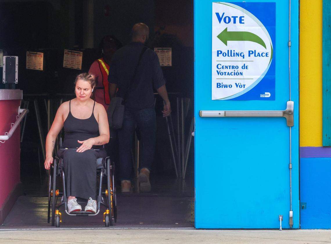A voter exits the polling station on Election Day at the Little Haiti Cultural Complex’s Caribbean Marketplace in Miami’s Little Haiti neighborhood on Tuesday, November 5, 2024.