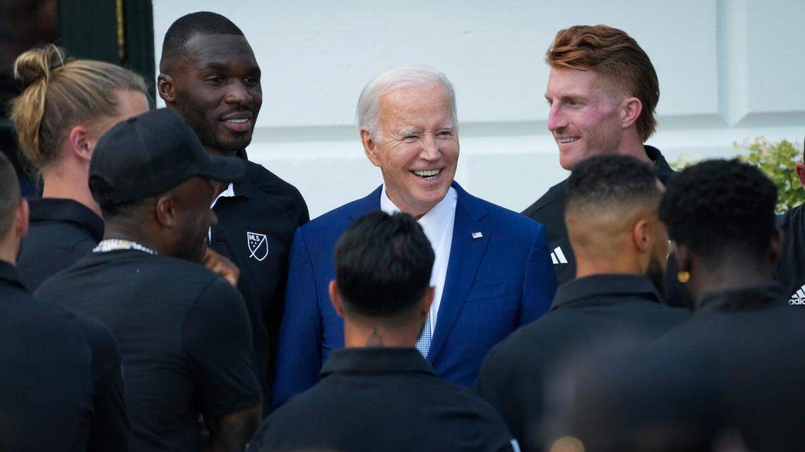 President Joe Biden greets Major League Soccer All-Star players after first lady Jill Biden hosted a Youth Soccer Clinic at the White House on July 17.