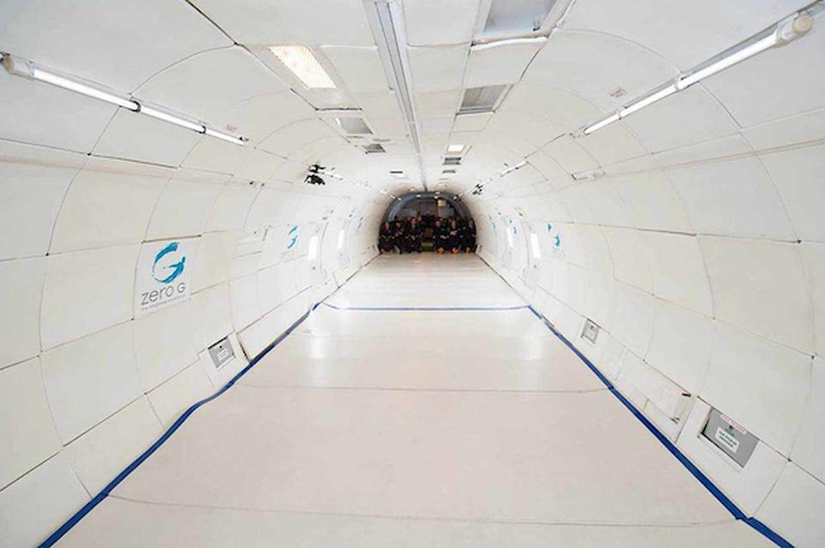 The seats are in the back of the Boeing 727; the foreground is padded for the weightless moments.