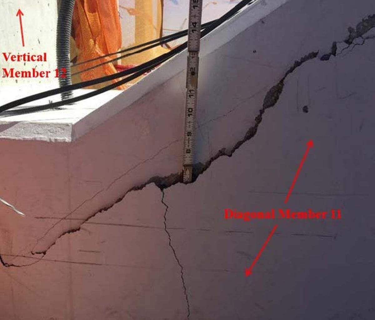 Two days before the bridge collapsed on March 15, 2018, this photo showed a crack along the bottom of diagonal support No. 11.