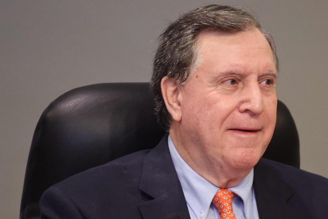 Commissioner Joe Carollo looks toward fellow commissioners during a commission meeting on Thursday, April 24, 2025, in Miami.