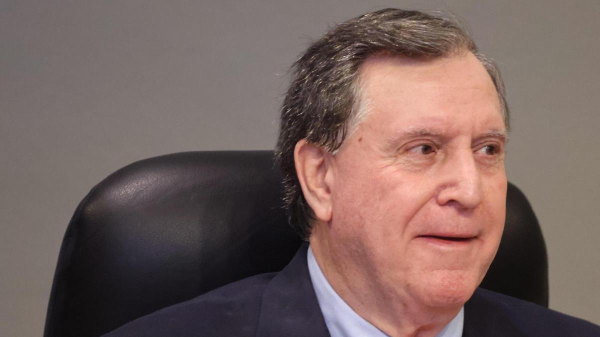 Commissioner Joe Carollo looks toward fellow commissioners during a commission meeting on Thursday, April 24, 2025, in Miami. Carollo sponsored an item to invite officials from Florida’s new Department of Government Efficiency to “look for government waste and fraud.”