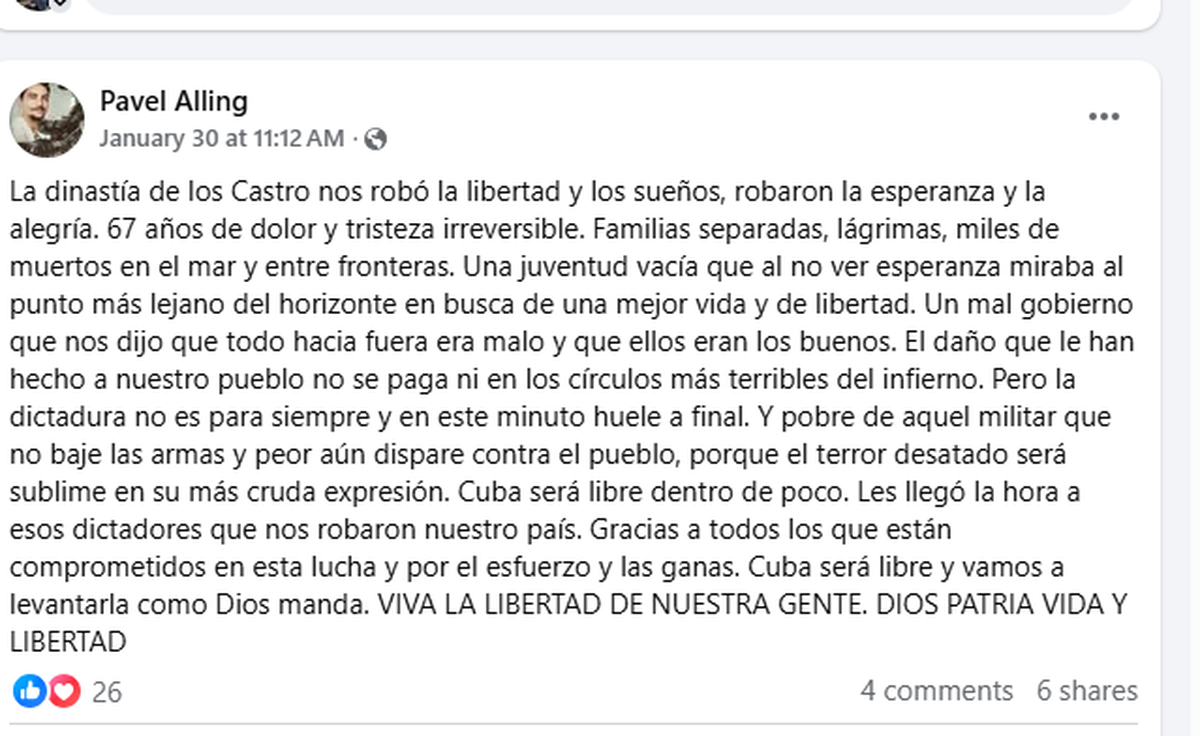 A Jan. 30, 2026 post by Pavel Alling Peña on Facebook
