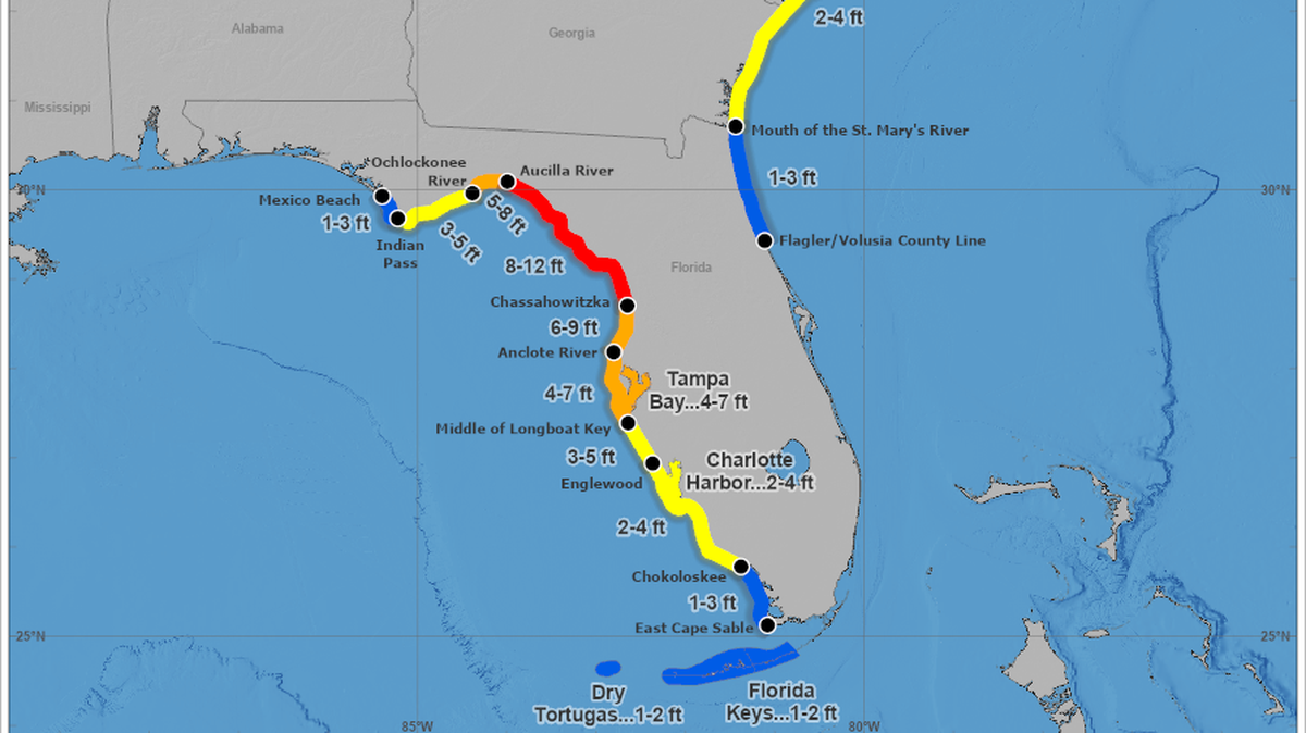 A storm surge of 1-2 feet is forecast in parts of the Florida Keys due to Tropical Storm Idalia.
