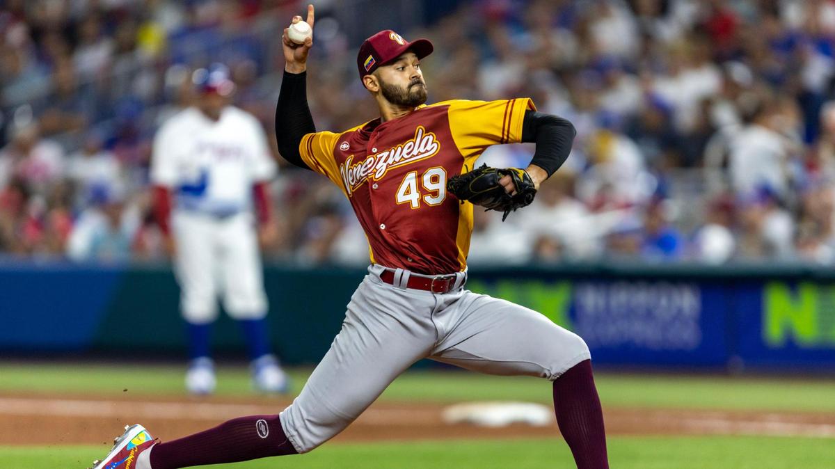 Venezuela pitcher Pablo Lopez (49) throws the ball during the first inning of a 2023 World Baseball Classic pool D game against Puerto Rico at loanDepot Park in Miami, Florida, on Sunday, March 12, 2023.