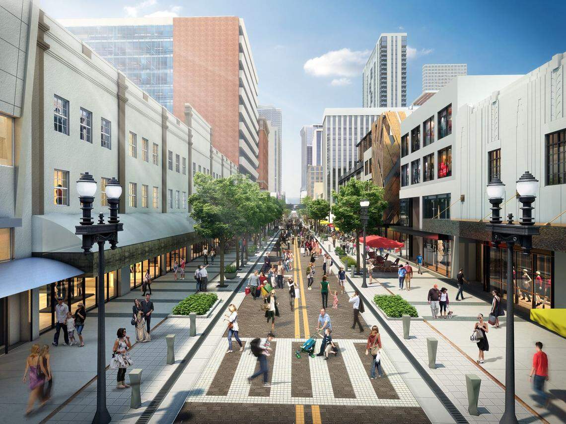 An architectural rendering shows how a remade Flagler Street in downtown Miami will look under a blueprint backed by entrepreneur and arts mogul Moishe Mana. Mana has bought some 45 properties along or abutting Flagler.