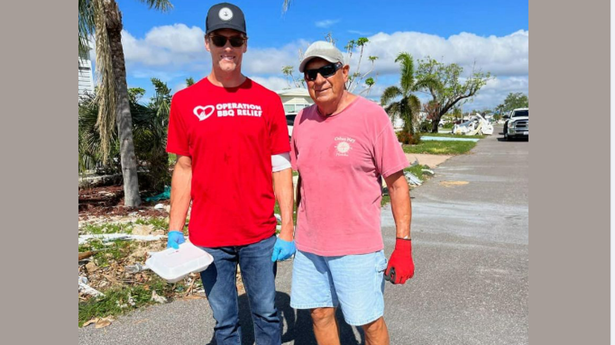 Tampa Bay Buccaneers quarterback Tom Brady spent his off day on Saturday, Oct. 29, 2022, delivering meals to people in Englewood, Florida that were effected by Hurricane Ian in September.