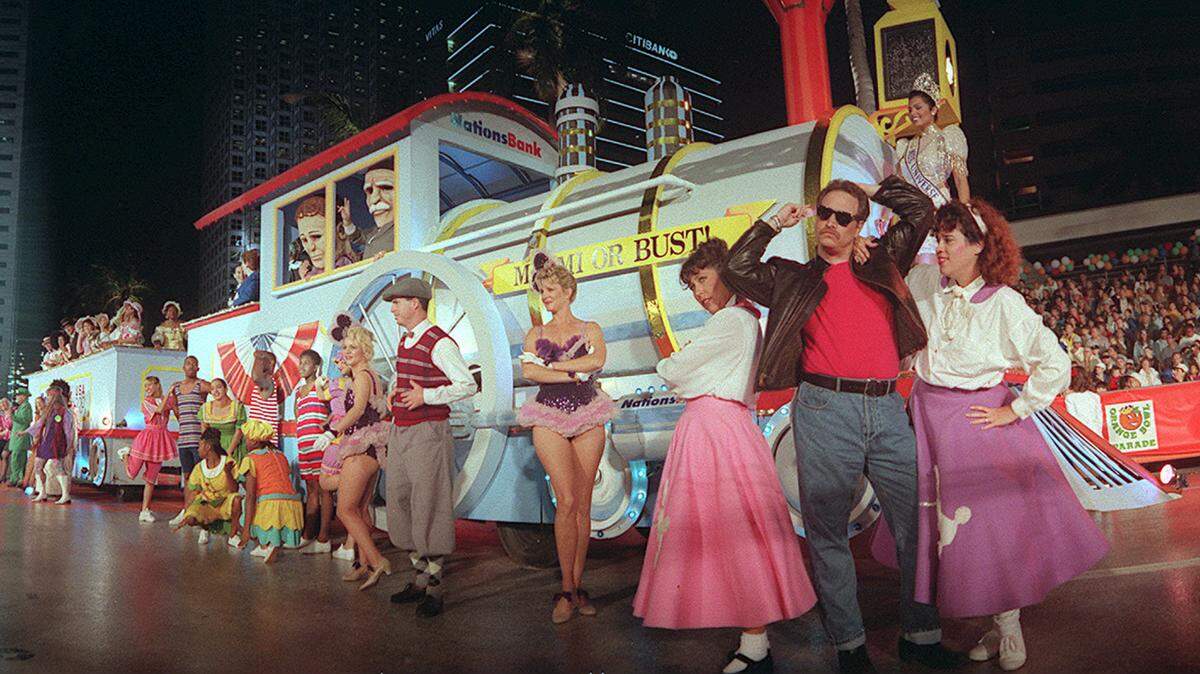 Entertainers on a float at the Orange Bowl Parade.