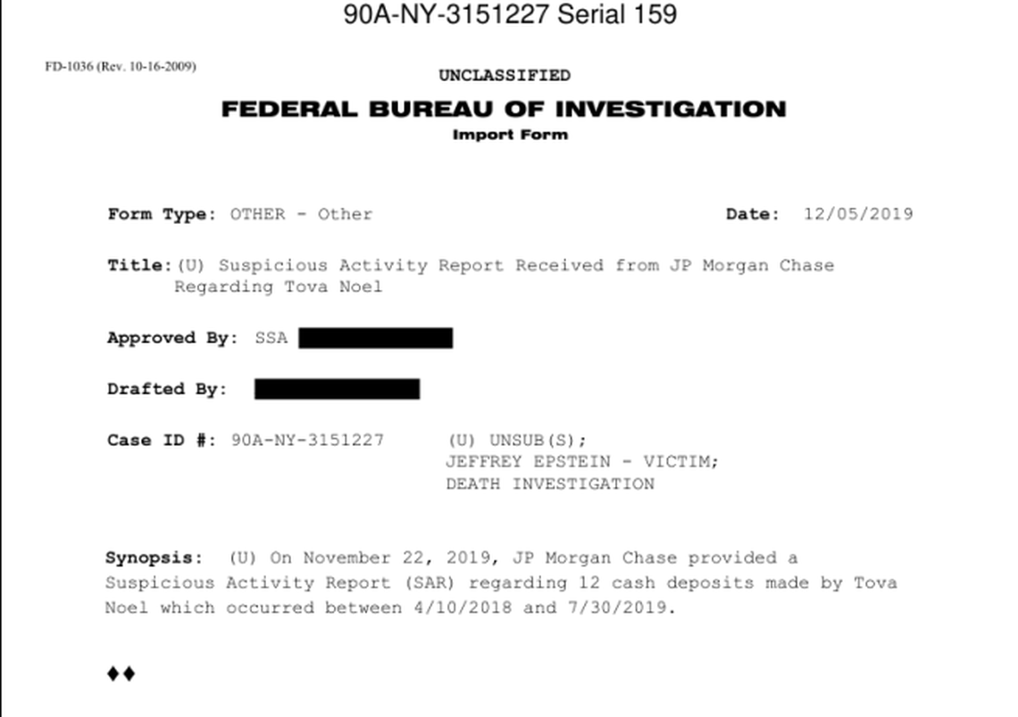 JP Morgan Chase provided the FBI with a Suspicious Activity Report (SAR) for Tova Noel in November 2019.