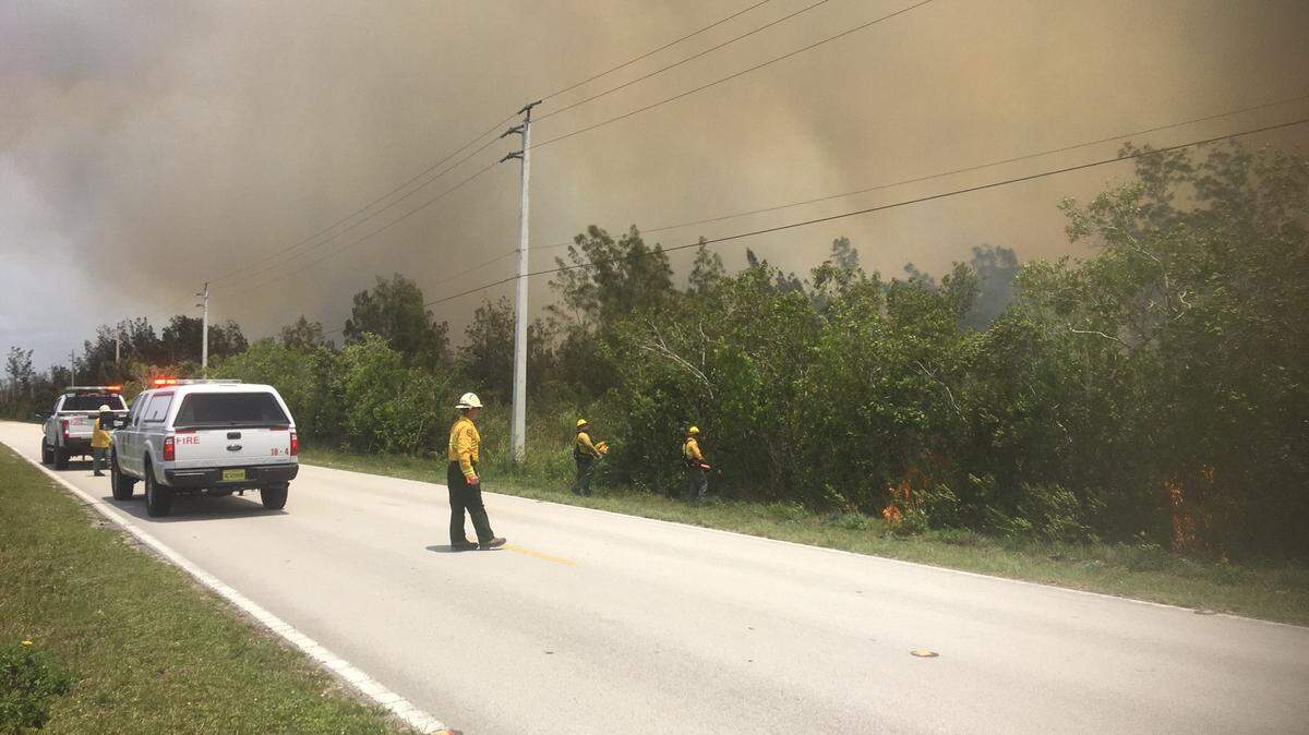Florida Forest Service firefighters work to contain a brush fire along Card Sound Road Monday, May 3, 2021. Card Sound Road is one of two arteries leading in and out of the Florida Keys.